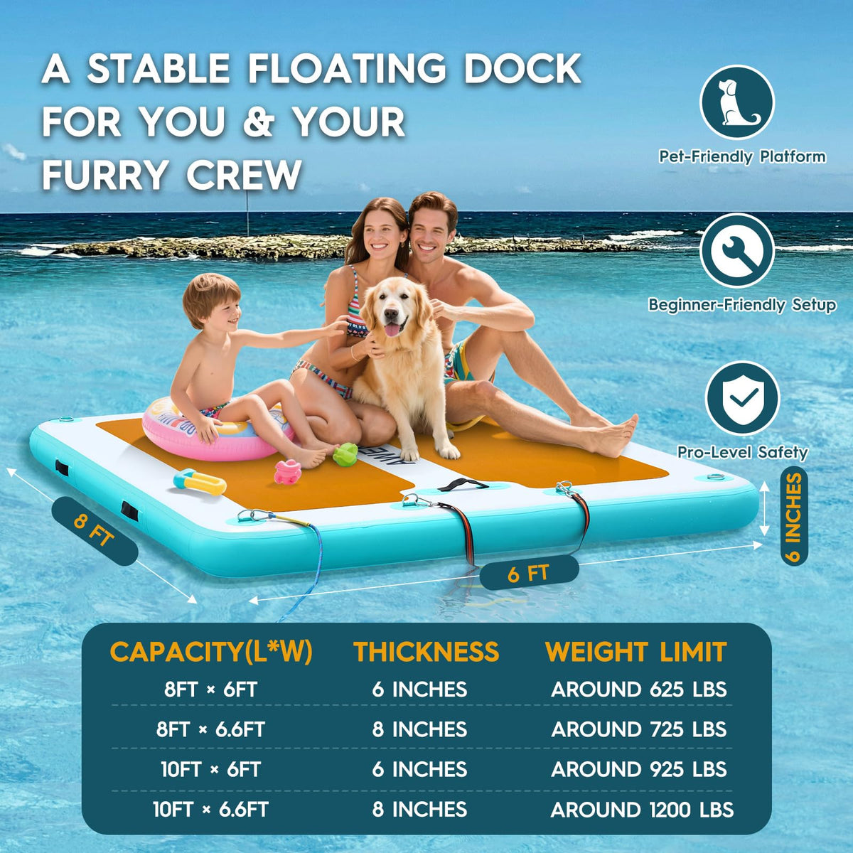 AWEMUFA 8ft x 6ft Inflatable Floating Dock, Inflatable Dock Floating Platform Non-Slip PVC Surface, Water Mat Floating Island Raft for Lake, Floating Dock Mat for Pool Beach Ocean