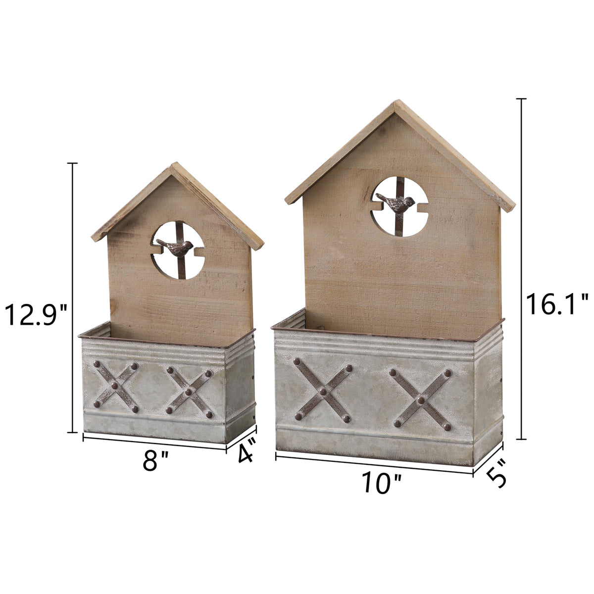 SOFE Set of 2 Wall Mounted Metal Planter Box, Rustic Wall Flower Pot Birdhouse Shaped, Vintage Hanging Plant Holder for Garden Home Balcony Patio Farmhouse, Wood & Galvanized