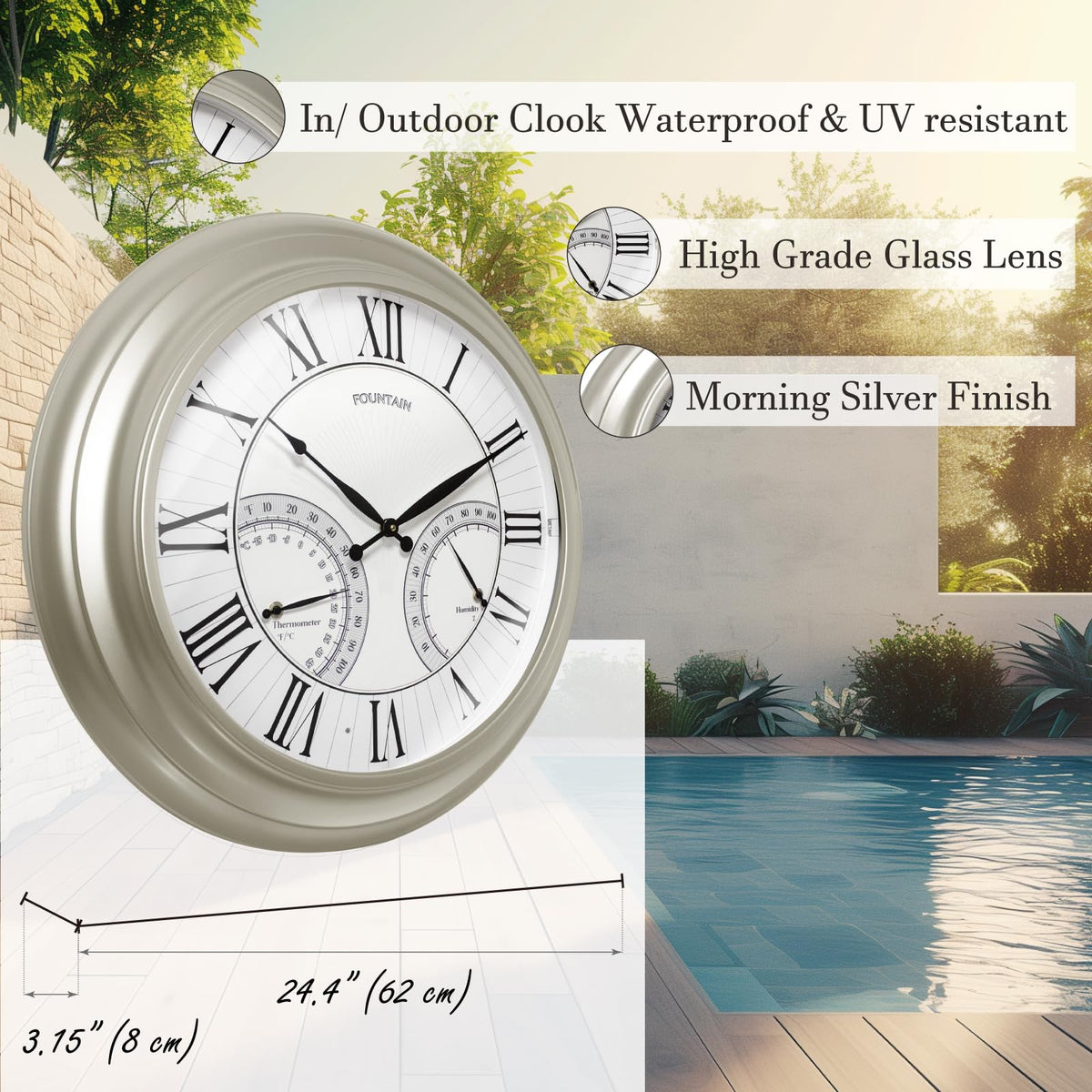 FOUNTAIN DESIGNS 24 Inch Outdoor Clocks Waterproof, Self-Illuminated Large Outdoor Clock with Thermometer and Hygrometer Combo for Patio,Pool and Garden Decor,Roman Numeral,Morning Silver