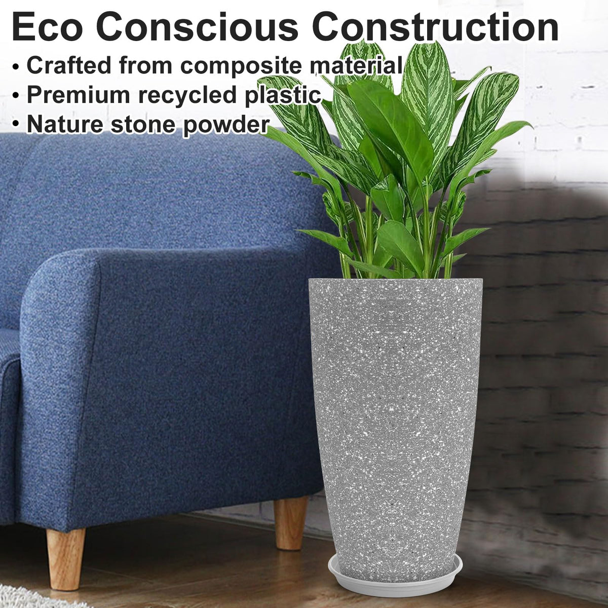 GameXcel Tall Flower Pot Indoor - Outdoor Plant Pot - Gray Rough Planter - Elegant Stone Imitation - 12" Diameter 21" Tall with Drainage Holes and Saucer 2 Pack