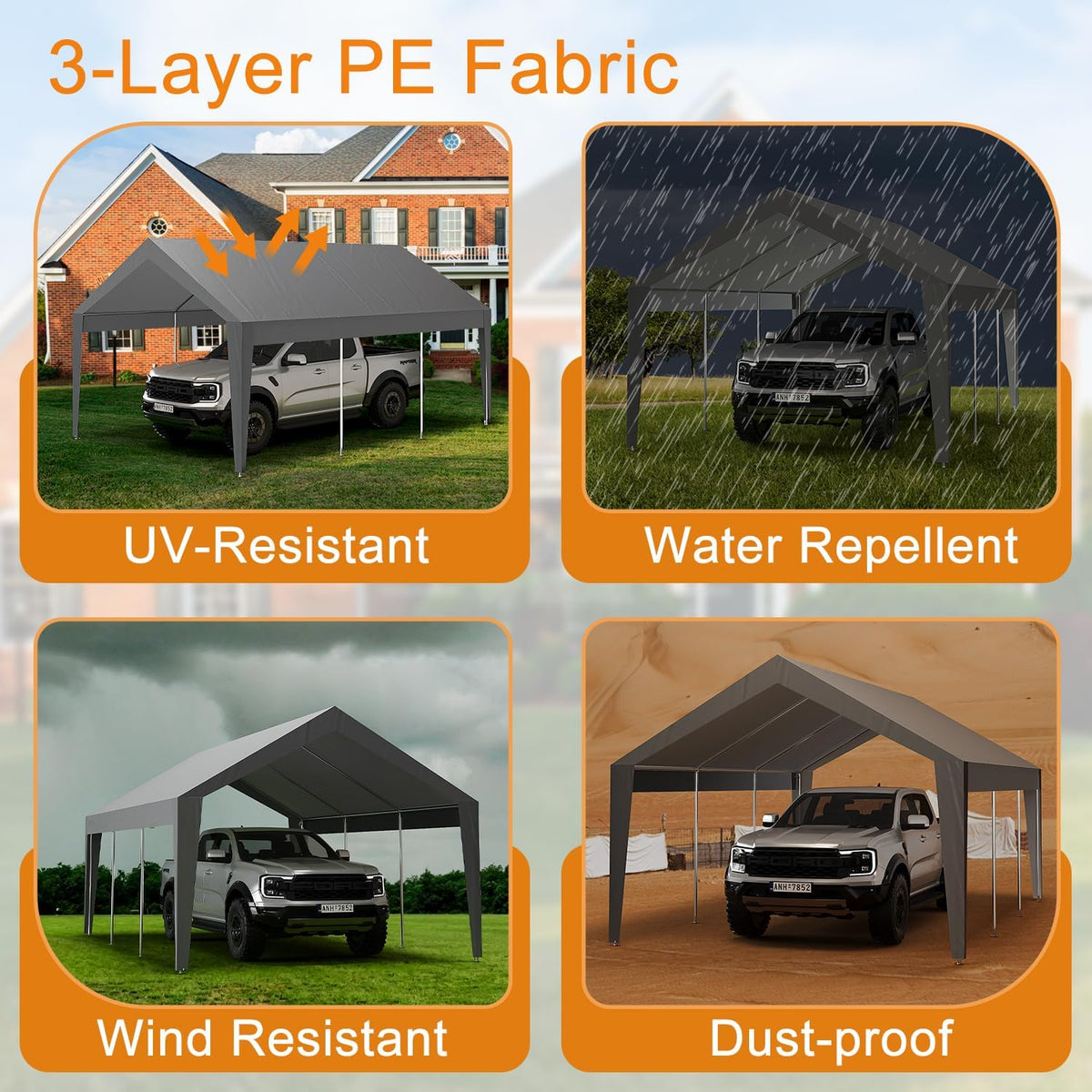 EliteEdge 10x20 Ft Heavy Duty Carport, Car Canopy Garage Boat Shelter Party Tent, UV Resistant Waterproof All-Season Tarp for SUV, Car, Truck, Boat