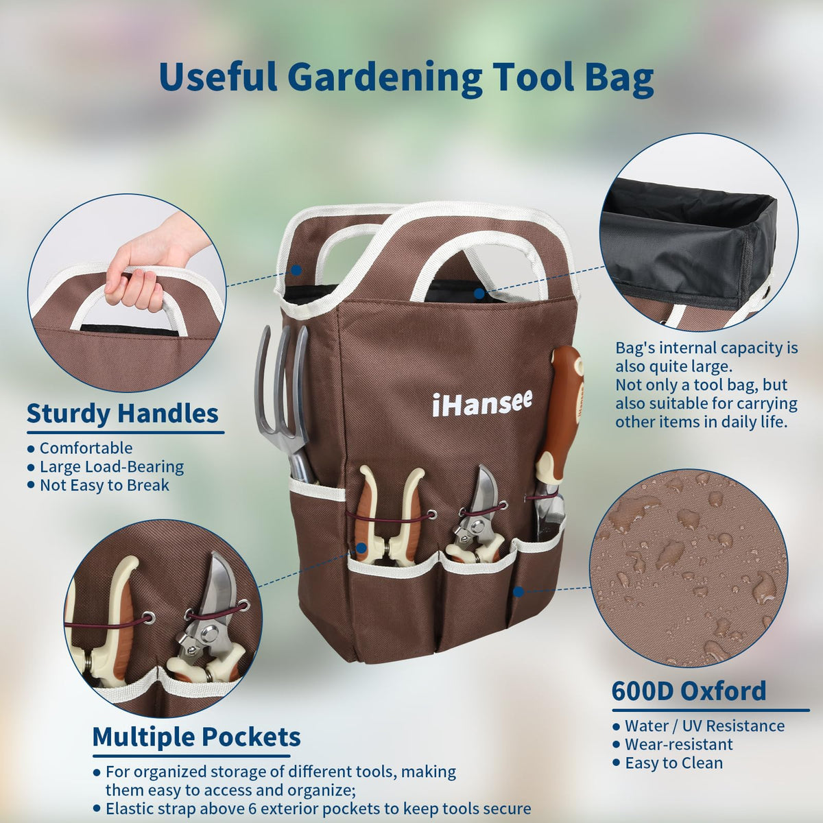 Brown Gardening Tools Set 12-Piece, Garden Hand Tool Kit with Non-Slip Ergonomic Handle, Storage Tote Bag, Garden Apron, Gloves and Kneeling Pad, Gardening Gifts for Women Men Plant Lover
