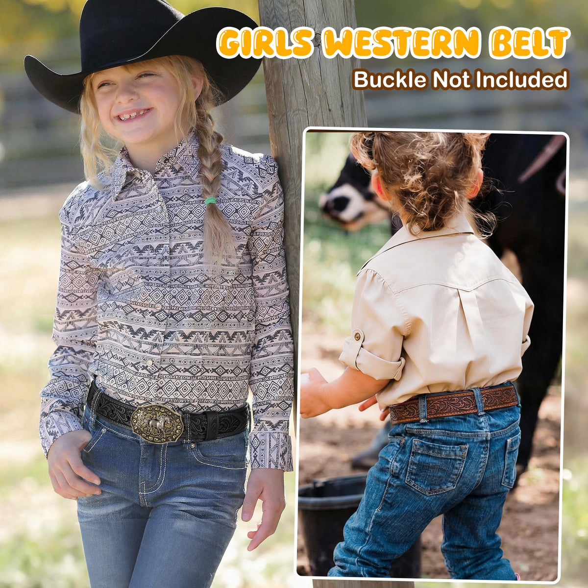 SANSTHS Kids Western Belt without Buckle Genuine Leather Boys Girls Belt Strap Cowgirl Cowboy Belts for Jeans Western Gifts, Embossed Leaf/Black Coffee