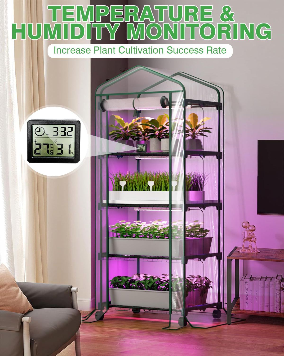 PYY Mini Indoor Greenhouse with Grow Light - Small Portable Outdoor Plant Green House Cabinet with Wheels, Thermometer, PVC Tent Cover, 4 Dimmable 3 Color 2FT 36W LED Kit, 4 Tier Gardening Shelves