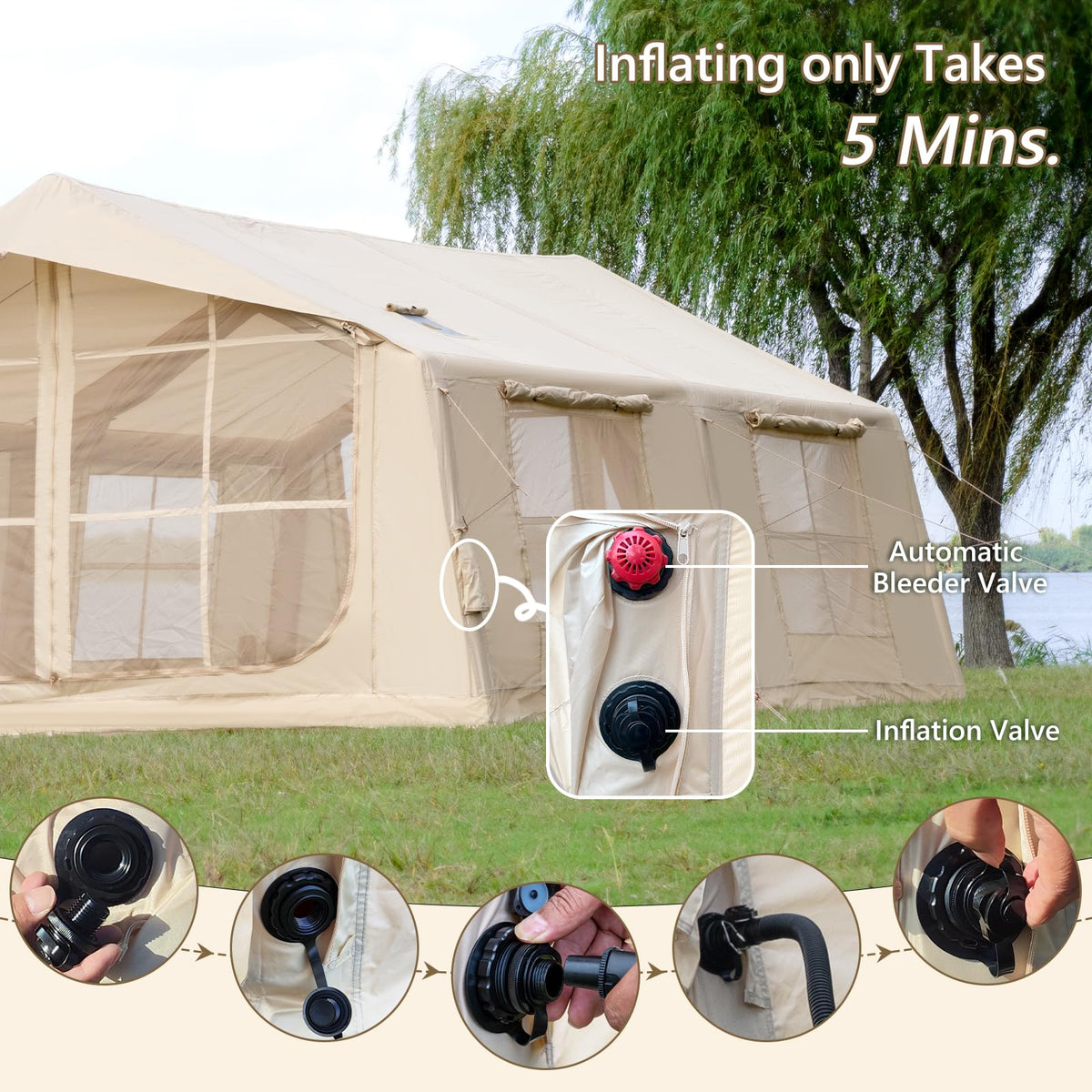 WaldZimmer 17sq Beige Inflatable Camping Tent with Hand Pump Easy Setup Waterproof Windproof Outdoor Blow up Tent 8-12 Person Oxford 4 Season Glamping Air Tents Cabin House with Mesh Windows & Door