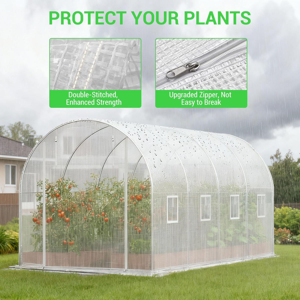 Large Walk-in Tunnel Greenhouse, 15x7x7 ft Heavy Duty Hoop House with 8 Screen Windows & Galvanized Steel Frame, Portable Outdoor Greenhouses for All Seasons White