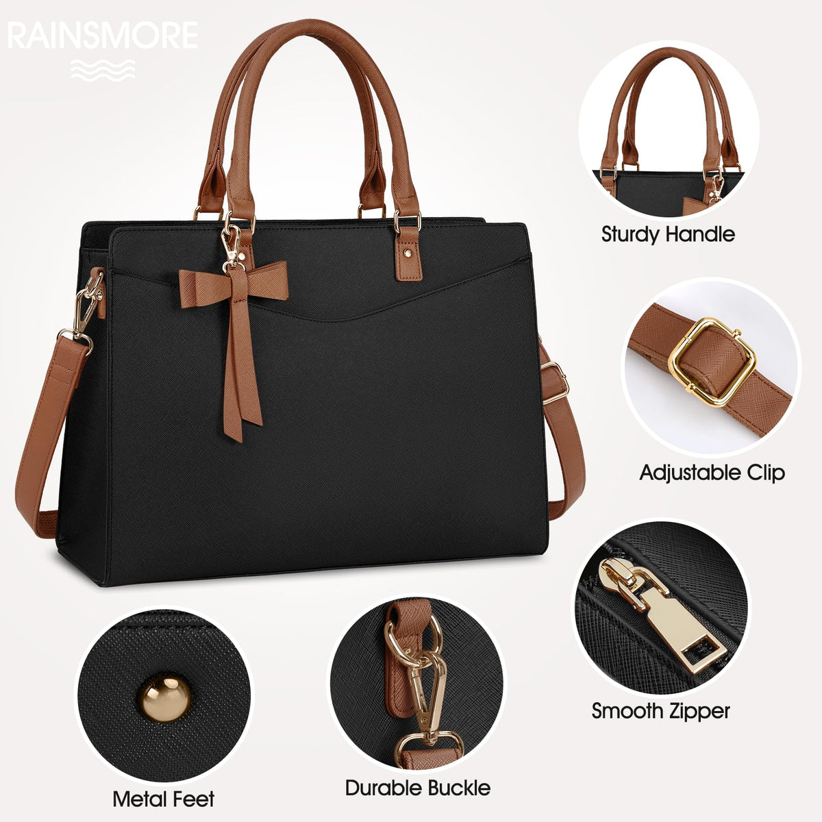 RAINSMORE Laptop Bag for Women 15.6 Inch PU Leather Laptop Tote Bag Professional Business Office Briefcase Waterproof Work Bag Computer Tote Bag Large Lightweight Handbag Shoulder Bag