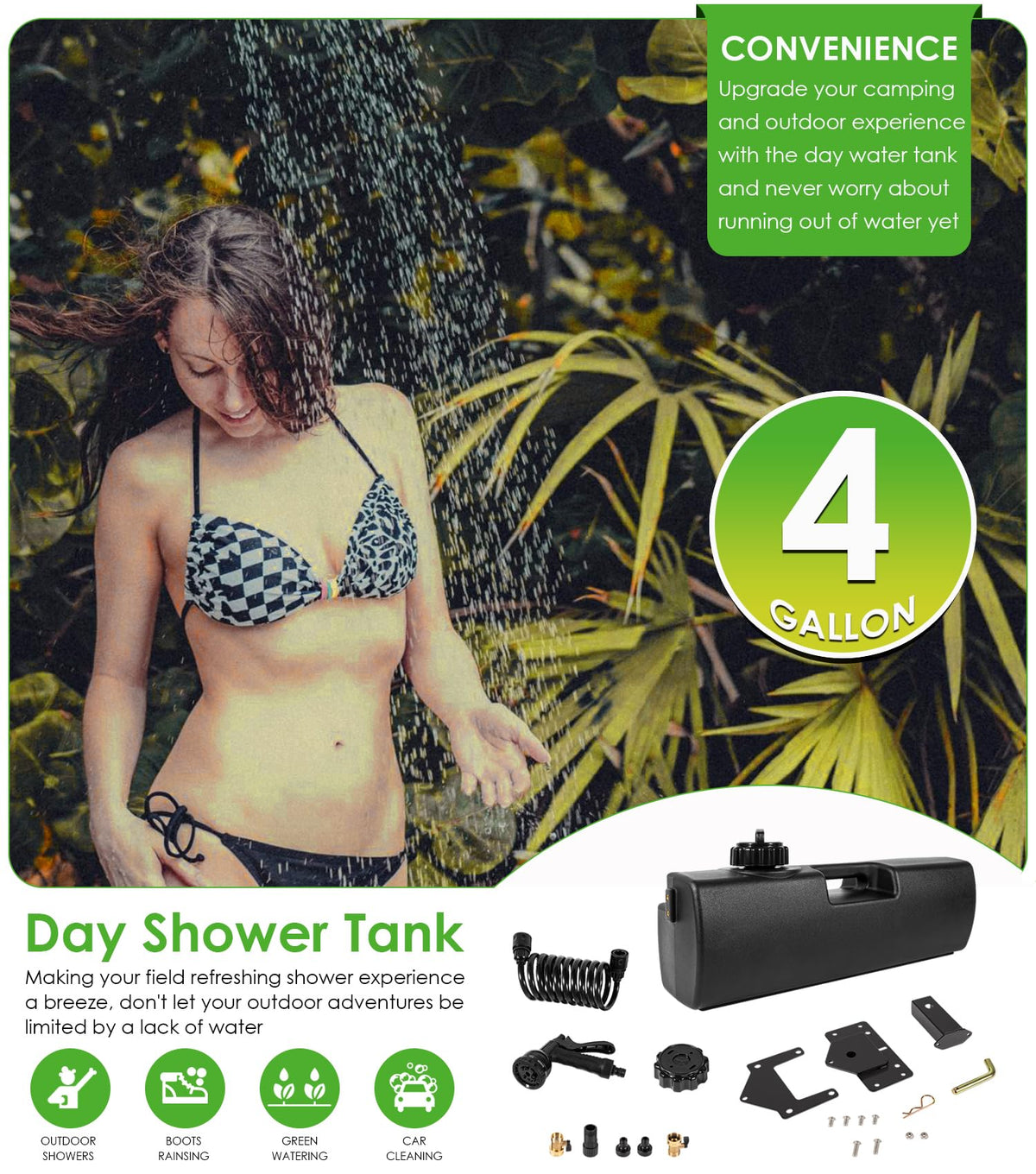 4.0 Gallon Pressurized Water Tank, Portable Camping Shower Water Storage with Spray Hose Bumper Mount or Bed Mount for Pick-up Trucks & Off-Road Vehicles Outdoor Activities Water Supply