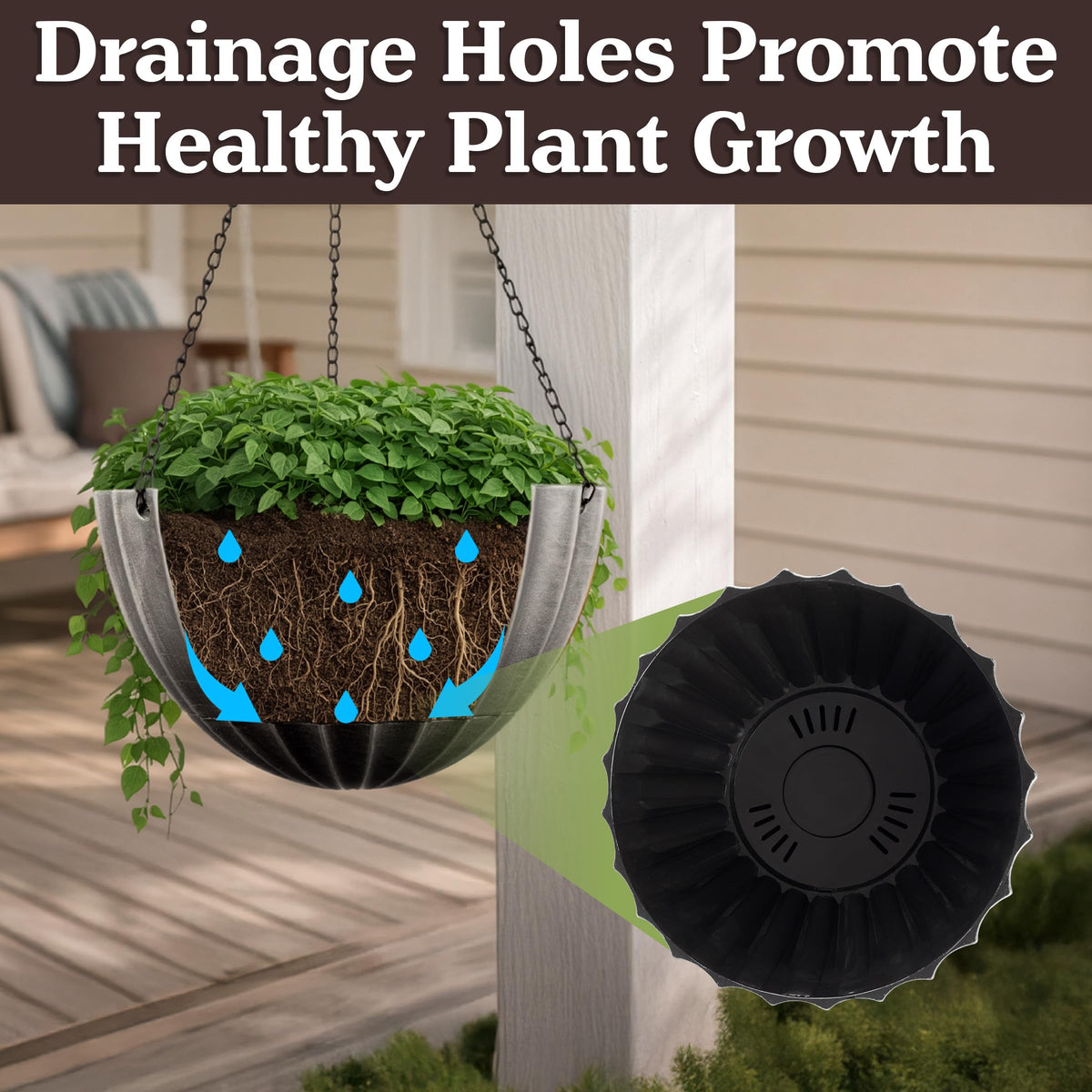 Hanging Planter 2-Pack - 12.5-Inch Durable Plastic Hanging Planters for Indoor Plants or Outdoor Porch Decor with 3 Drainage Holes and Removable Bottom Reservoir by Pure Garden (Gray)