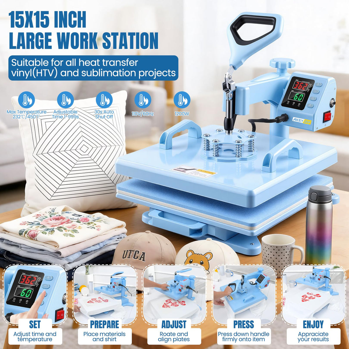 AKEYDIY Heat Press 15x15 inch 5 in 1 with 30OZ Tumbler Press, 360° Swivel Away Slide Out Digital Shirt Press Machine, Industrial Heat Transfer Machine Sublimation for T-Shirt (15x15-5 in 1 Blue)