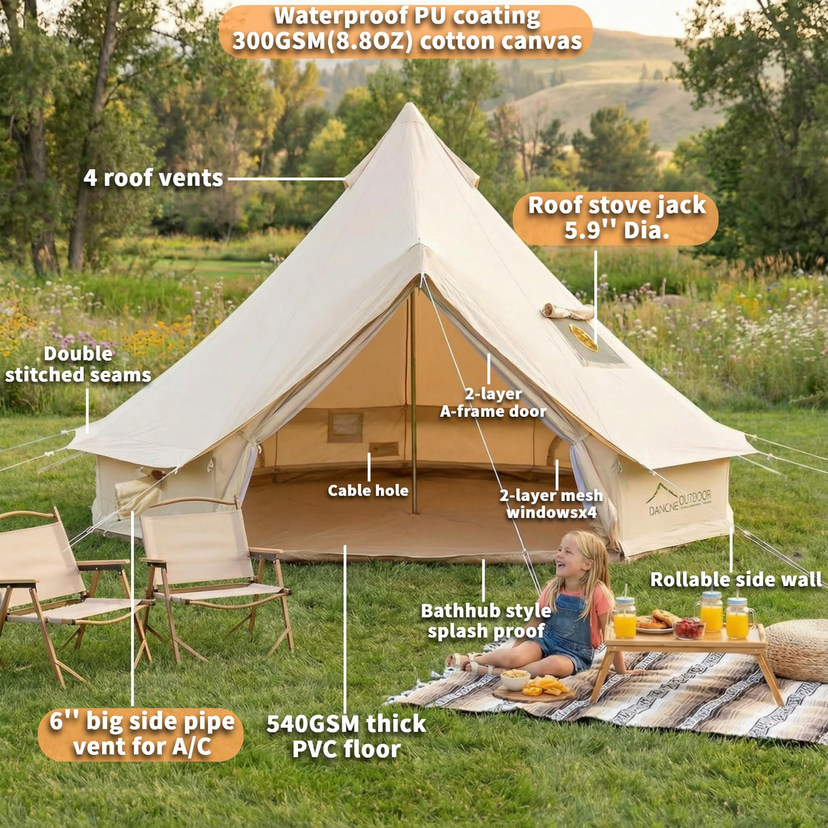 DANCHEL OUTDOOR B5PRO 4 Season Canvas Tent with Stove Jack Camping, Waterproof Bell Tent with AC Port Yurt All Year Living, Luxury Glamping for 6 Person Hunting Party,16.4ft/5m