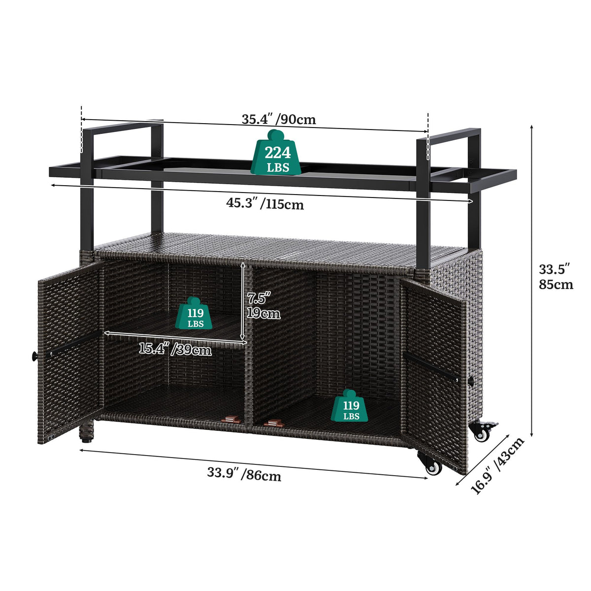 YITAHOME XL Outdoor Storage Cabinet, Outdoor Storage Cart with Wheels and Black Glass Table Top for Patio, Outdoor Cabinet for Poolside and Backyard (Dark Brown)