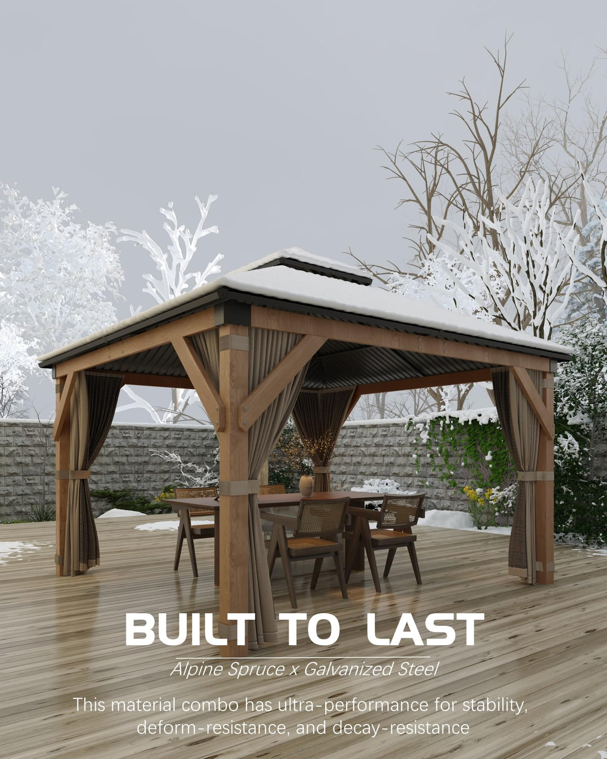 GarveeLife Hard top Wood Gazebo 10 ft x10 ft for All Weather, with Double Metal Roof, Heavy Duty Wooden Frame, Net, and Curtain, Permanent Building for Patio, Deck, Backyard, Lawn, and Garden, Khaki