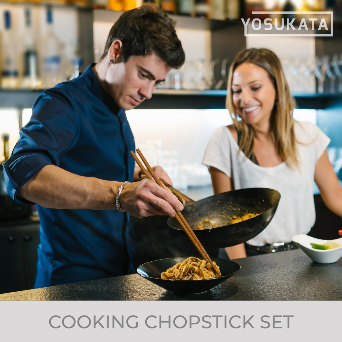 YOSUKATA Carbon Steel Wok Pan11.8 in + 17" Wok Spatula and Ladle and Turner + Reusable Natural Wooden Long Cooking Chopsticks Set of 3 pairs