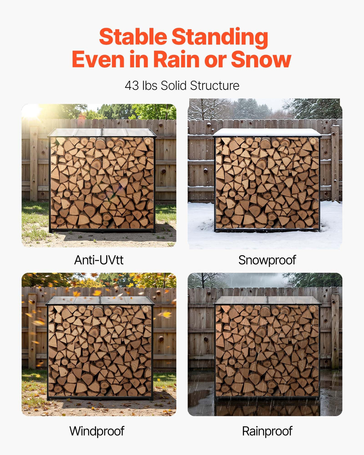VEVOR Firewood Rack with Sloped Roof, 4 ft Outdoor Firewood Holder, 1/4 Cord Log Storage Shed, 660lb Max Weight Capacity, Powder-Coated Metal Wood Storage Rack for Fireplace Deck Backyard Garden