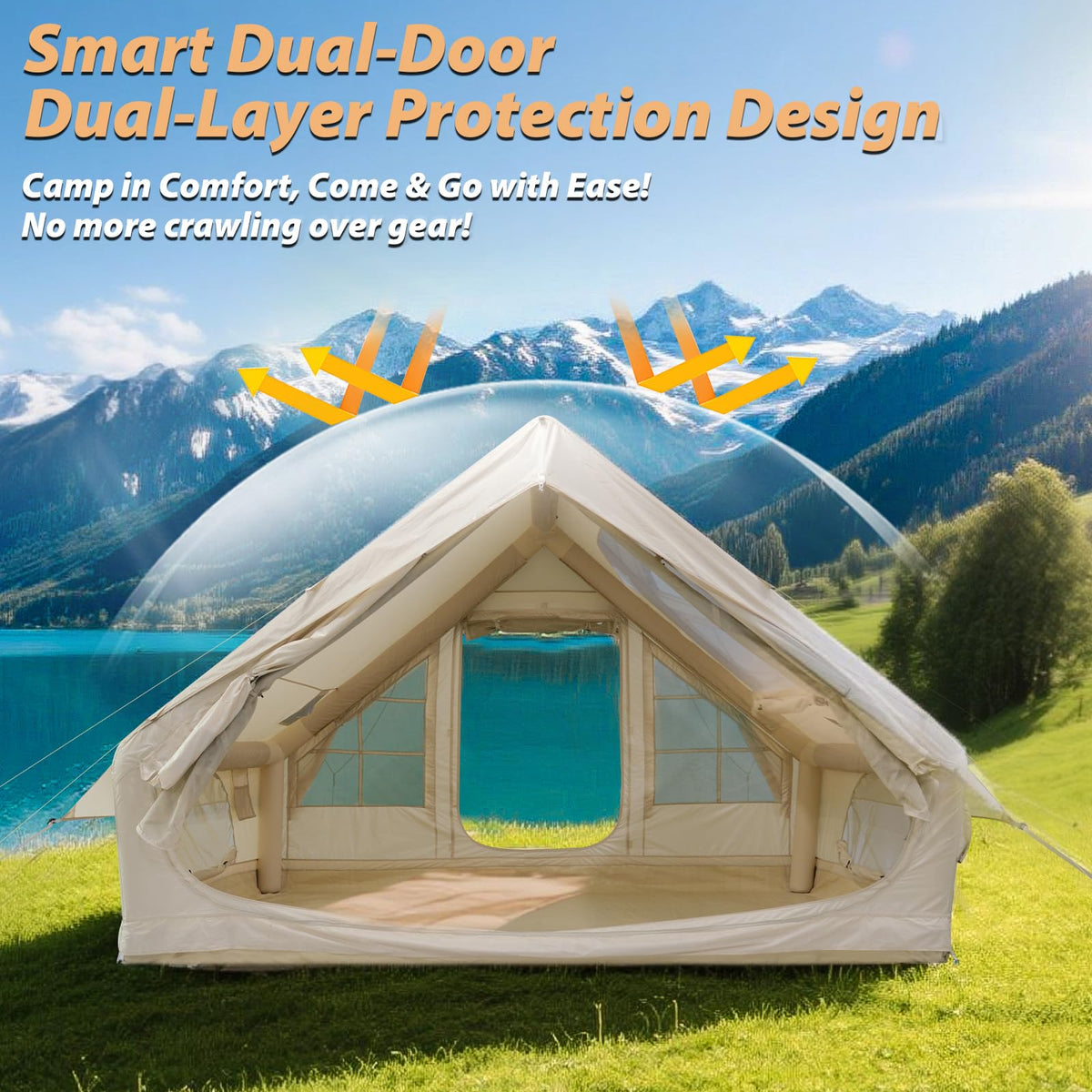 GEERTOP Large Inflatable Camping Tent with Stove Jack Instant Waterproof Blow Up Air Glamping Tent with Skylight for Family 4-6 Person 4 Season Outdoor Adventures