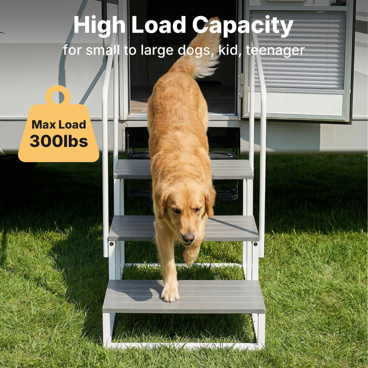 Veehoo RV Steps with Handrail for Dog Outdoor, 3 Steps Dog Hot Tub Step with Handrail for 5th Wheel RVs Camper Trailers, Non Slip Large Dogs Mobile Home Stairs Waterproof for Car Truck, up to 300 lbs