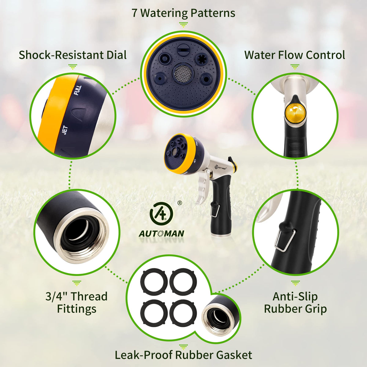 AUTOMAN Garden Hose Nozzles - High Pressure 100% Metal Hose Sprayer 2 Pack, Heavy Duty Garden Watering Nozzle Set, Powerful Garden Nozzle for Watering Plants, Window Cleaning,Washing Cars,Pets Bathing