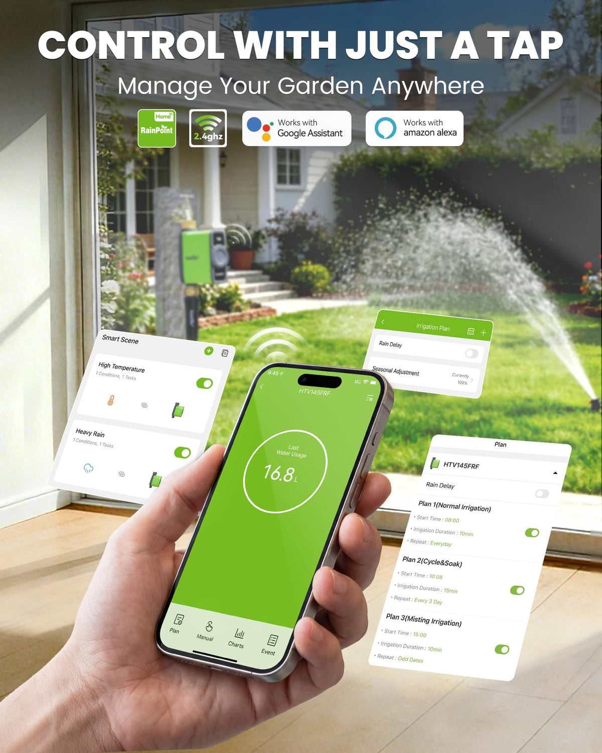 RAINPOINT WiFi Water Timer for Garden Hose, WiFi Sprinkler Controller, Smart Hose Timer Valve, Automatic Drip Irrigation System/Rain Delay for Garden/Lawn/Yard (Brass Inlet & Outlet, WiFi Gateway)