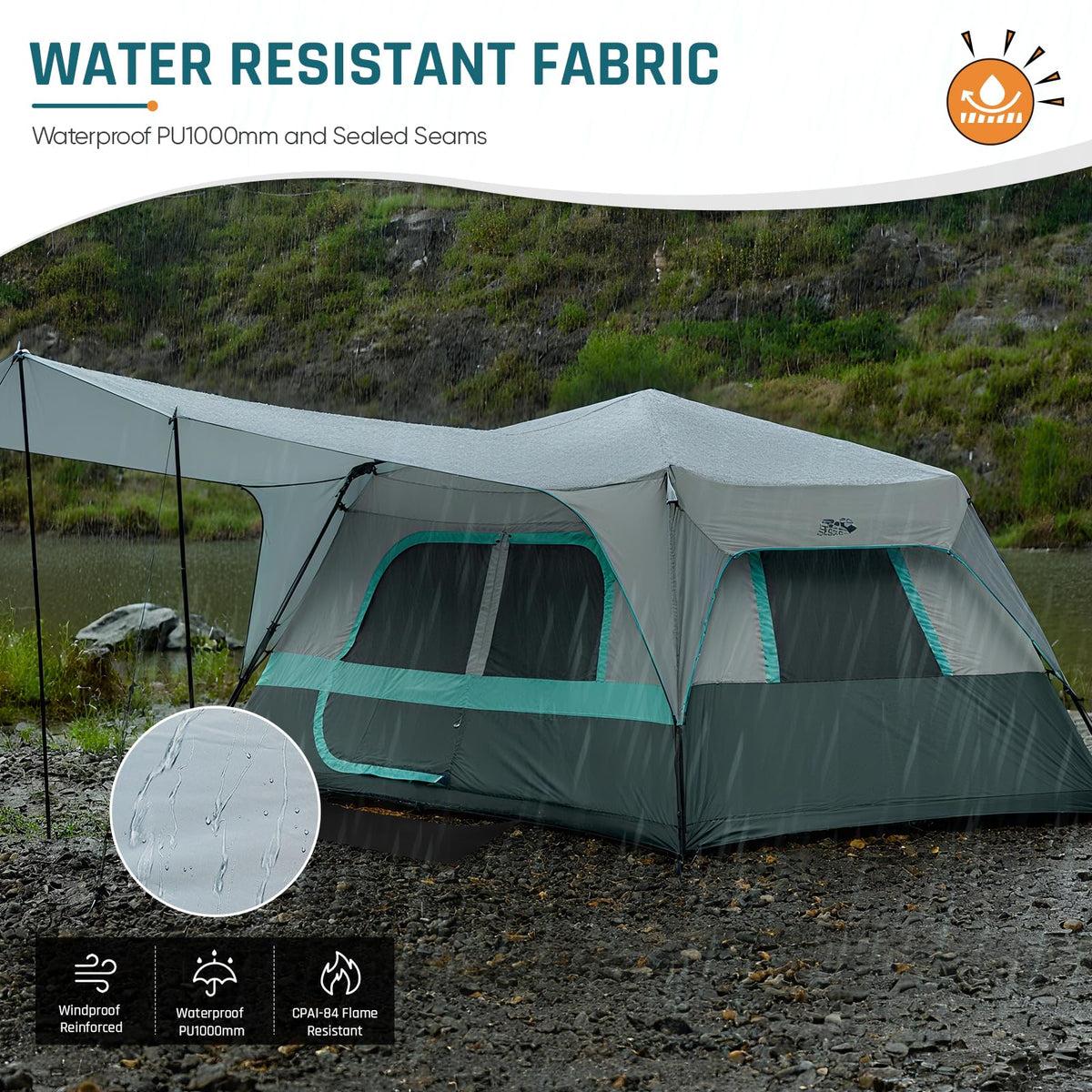 Camping Tent, Instant Cabin Tents for Camping, 8-Person Family Tent, Easy Setup in 60 Seconds with Porch, Large Waterproof Tents for Outdoor Camping, 5 Mesh Windows, Upgraded Ventilation (Green)