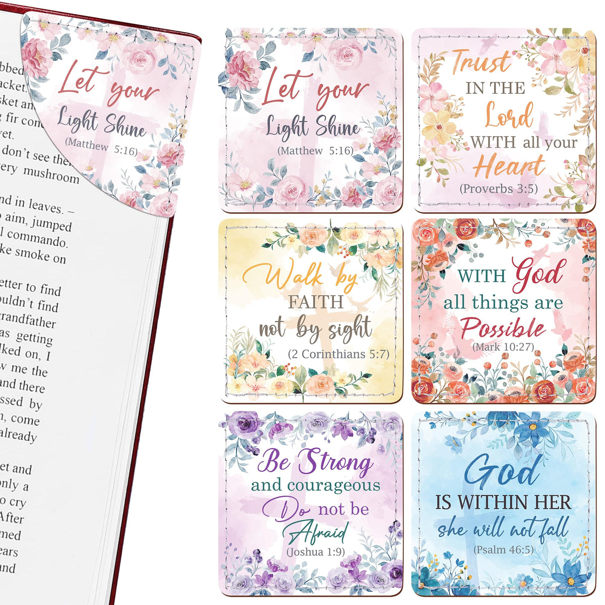 Celavoy Christian Leather Bookmark Gifts - 6 Pcs Bible Verse Cross Corner Bookmarks for Women Book Lover Religious Flower Page Markers Reading Accessories Bookish Gift for Birthday Christmas Church