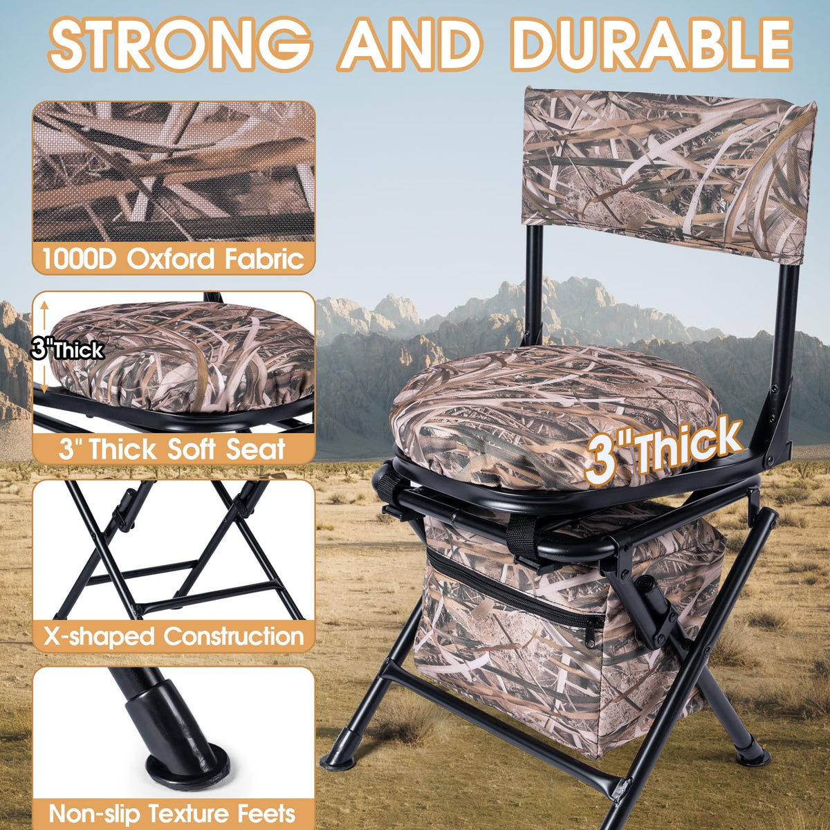 GUANIEE 360° Swivel Hunting Chair Folding Silent Hunt Blind Chair, Portable Ground Sniper Seat for Fishing Dove Deer Hunting, with Storage Bag, Camo Khaki