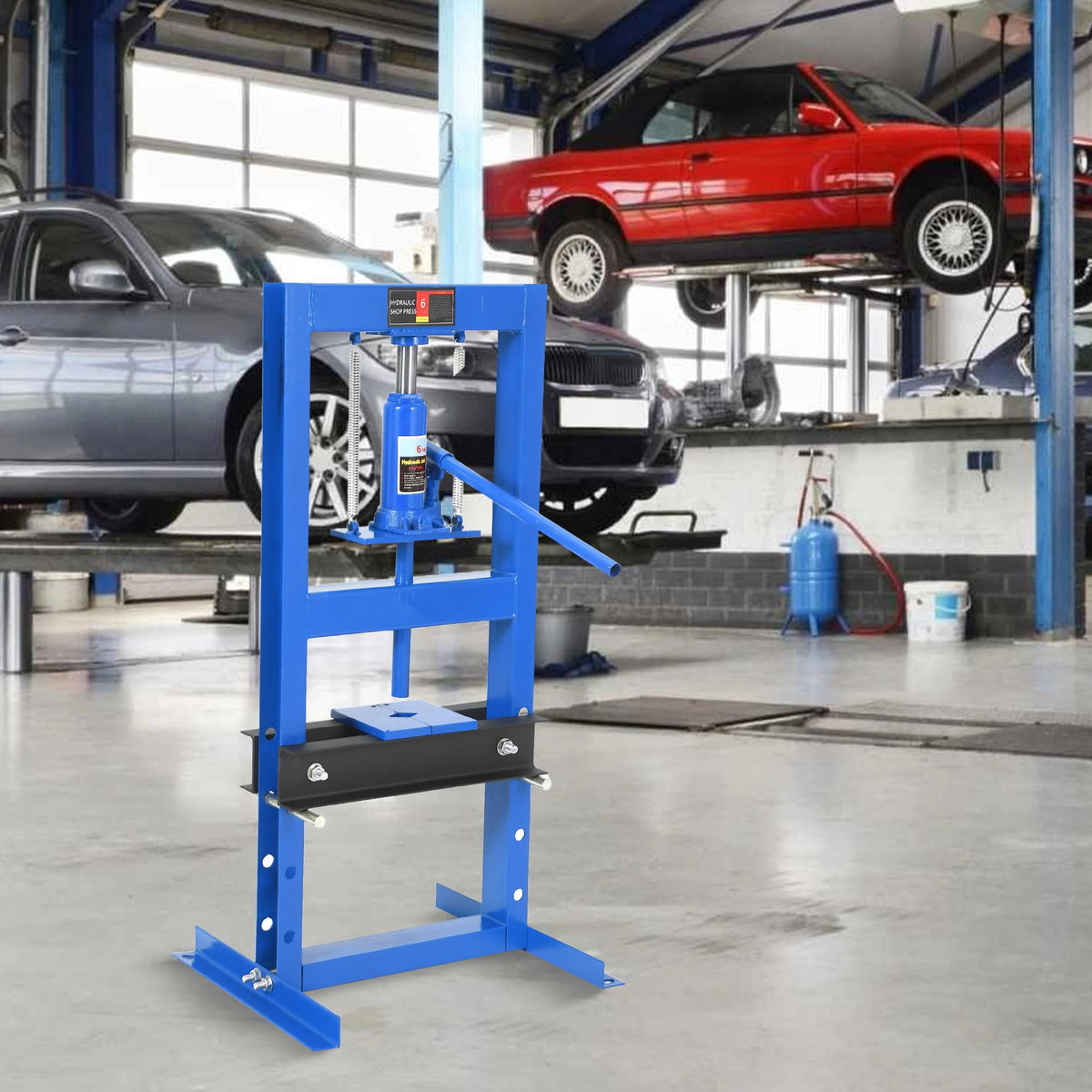 GarveeTech 6 Ton Hydraulic Press, Heavy-Duty Adjustable h-Frame Garage Floor Shop Press with Stamping Plates to Straighten Bend or Press Parts, for Straightening/Automotive Repair/Garage Use