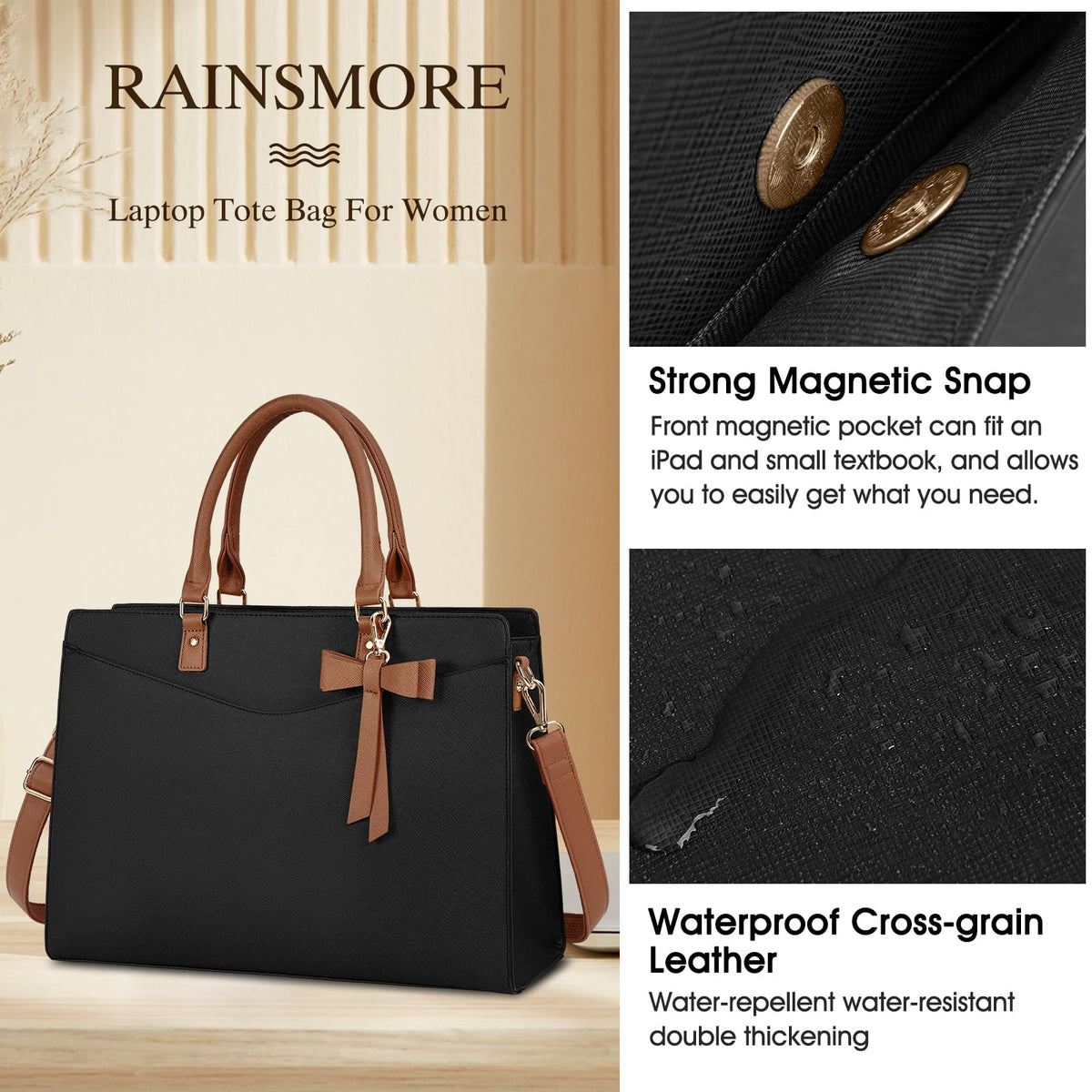 RAINSMORE Laptop Bag for Women 15.6 Inch PU Leather Laptop Tote Bag Professional Business Office Briefcase Waterproof Work Bag Computer Tote Bag Large Lightweight Handbag Shoulder Bag