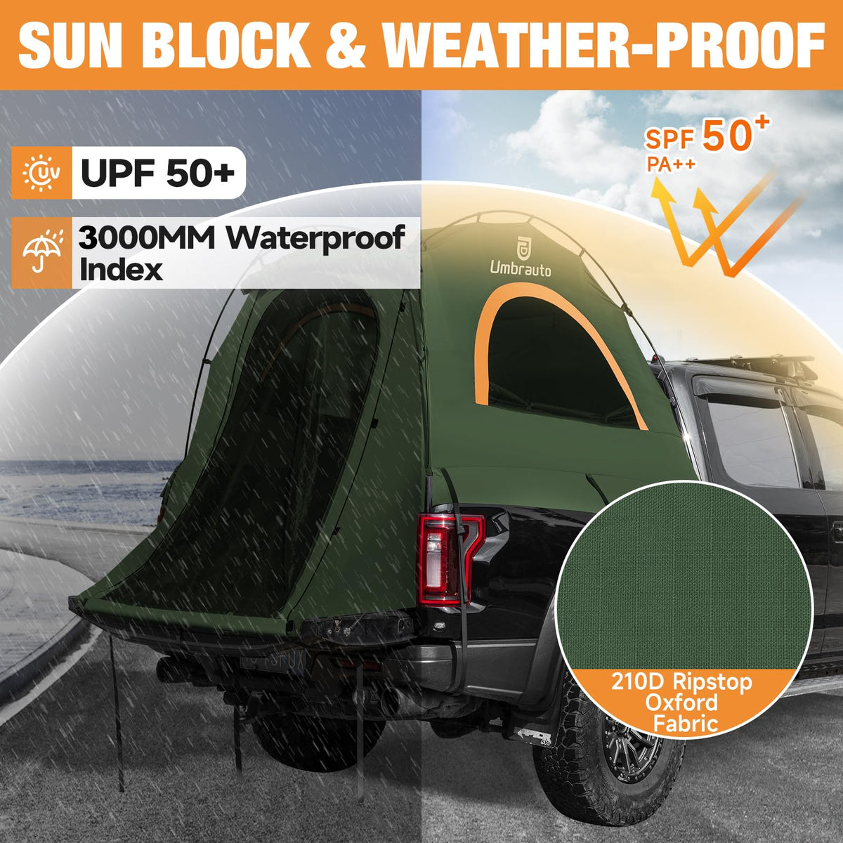 Umbrauto Truck Bed Tent Fits 6.5ft Truck Bed, Easy Setup for Camping, 3000mm Waterproof Pickup Truck Tent for 2 Person, Ford, GMC, Toyota, Chevy, Dodge, Nissan, Green & Orange