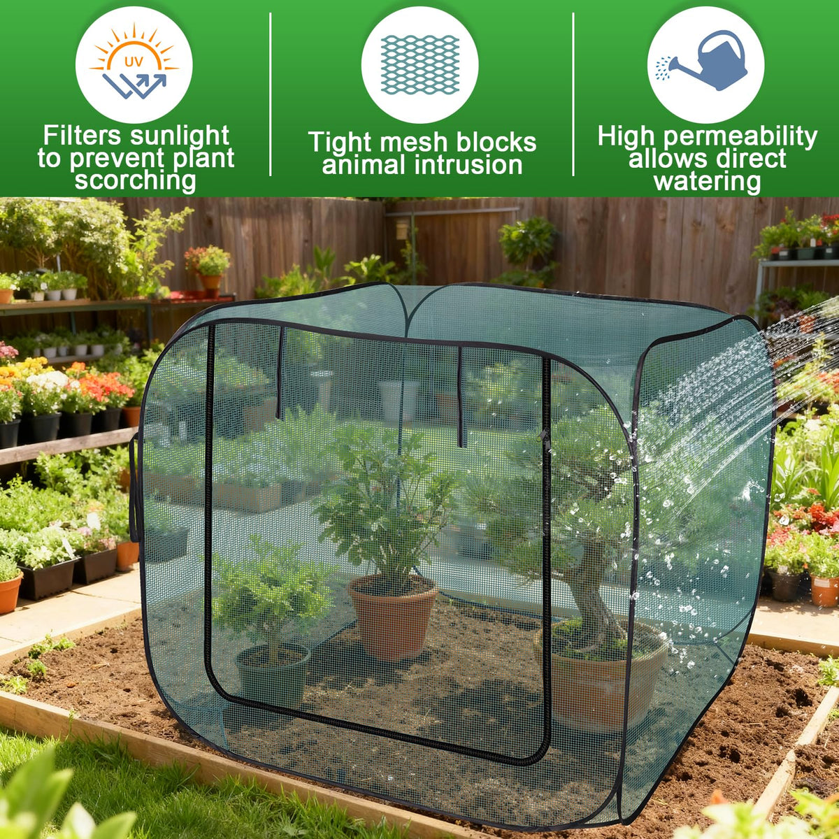 RGQSUN 1Pcs 47 x 47 x 43in Pop-up Garden Mesh Plant Cover,Large Pest Guard Cover,Plant Gardening Net Cover with Zip and Stakes for Protecting Vegetable Fruits Plant from Birds Insects