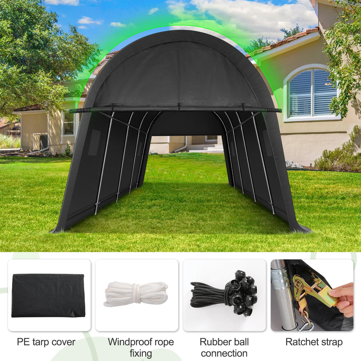 COBIZI 10x15 Carport Canopy Heavy Duty Portable Garage Tent with Double Zippered Roll-up Doors & Vents, Large Space Car Port Car Garage Waterproof Anti-Snow for Cars, Boats, Trucks, Dark Gray