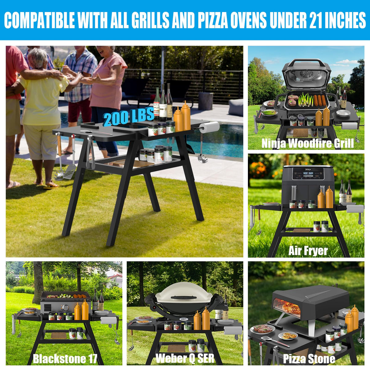 Grill Stand for Ninja Woodfire Outdoor Grills, Portable Adjustable Grill Cart Table for Ninja XSKUNSTAND OG700 OG800 OG900 OO101 Series & for Artisan MO201 Pizza Oven Stand Accessories with Shelves