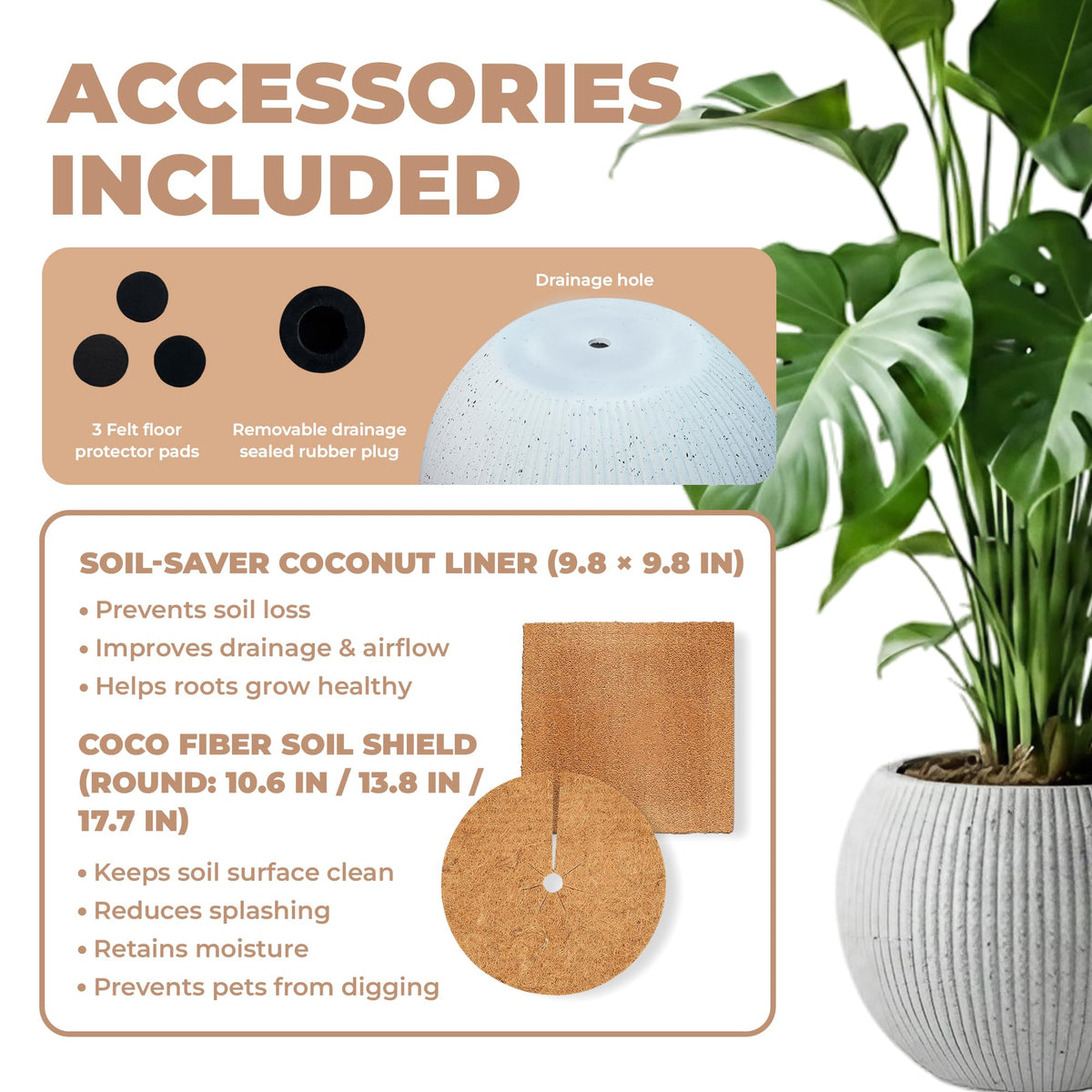 DEPLA LANE Marlo Fiberstone Round Planter (8.5" Pot Opening x 12..6"D x 9.8"H) Ribbed Finishes, Lightweight, Durable, UV Resistant, Modern Minimalist Home Decor, Indoor Outdoor Pot (S, Ribbed White)