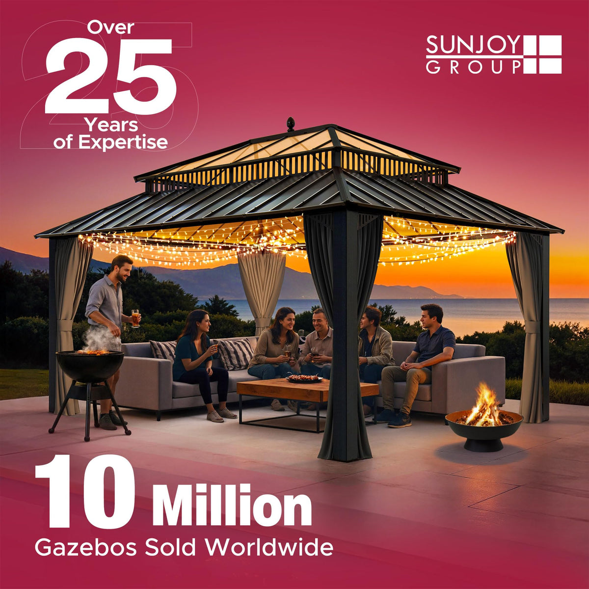 SUNJOY 12' x 10' Grill Gazebo, Outdoor Cedar Wood BBQ Pavilion Backyard Hot Tub Gazebo with Hardtop Metal Roof, Exclusive PowerPort and Bar Shelves, Permanent Cook Station for Patio, Deck, Garden