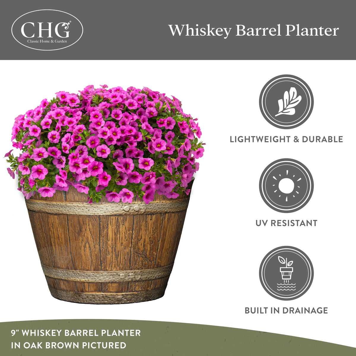 Classic Home & Garden Whiskey Barrel Planters - Wooden Finish Flower Planter Pot - Decorative Garden Pots - Indoor & Outdoor Resin Planters - Weather-Resistant Planting Pots (15” Oak Brown, Pack Of 1)