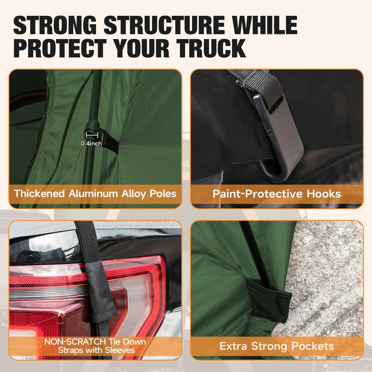 Umbrauto Truck Bed Tent Fits 6.5ft Truck Bed, Easy Setup for Camping, 3000mm Waterproof Pickup Truck Tent for 2 Person, Ford, GMC, Toyota, Chevy, Dodge, Nissan, Green & Orange