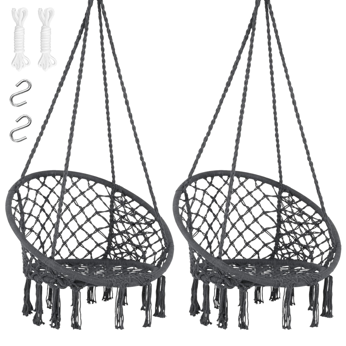 SUNCREAT Hammock Chair Hanging Macrame Swing with Hardware Kits, Max 330 Lbs, Handmade Knitted Mesh Rope Swing Chair for Indoor, Outdoor, Bedroom, Patio, Yard, Garden, Pack of 2, Grey