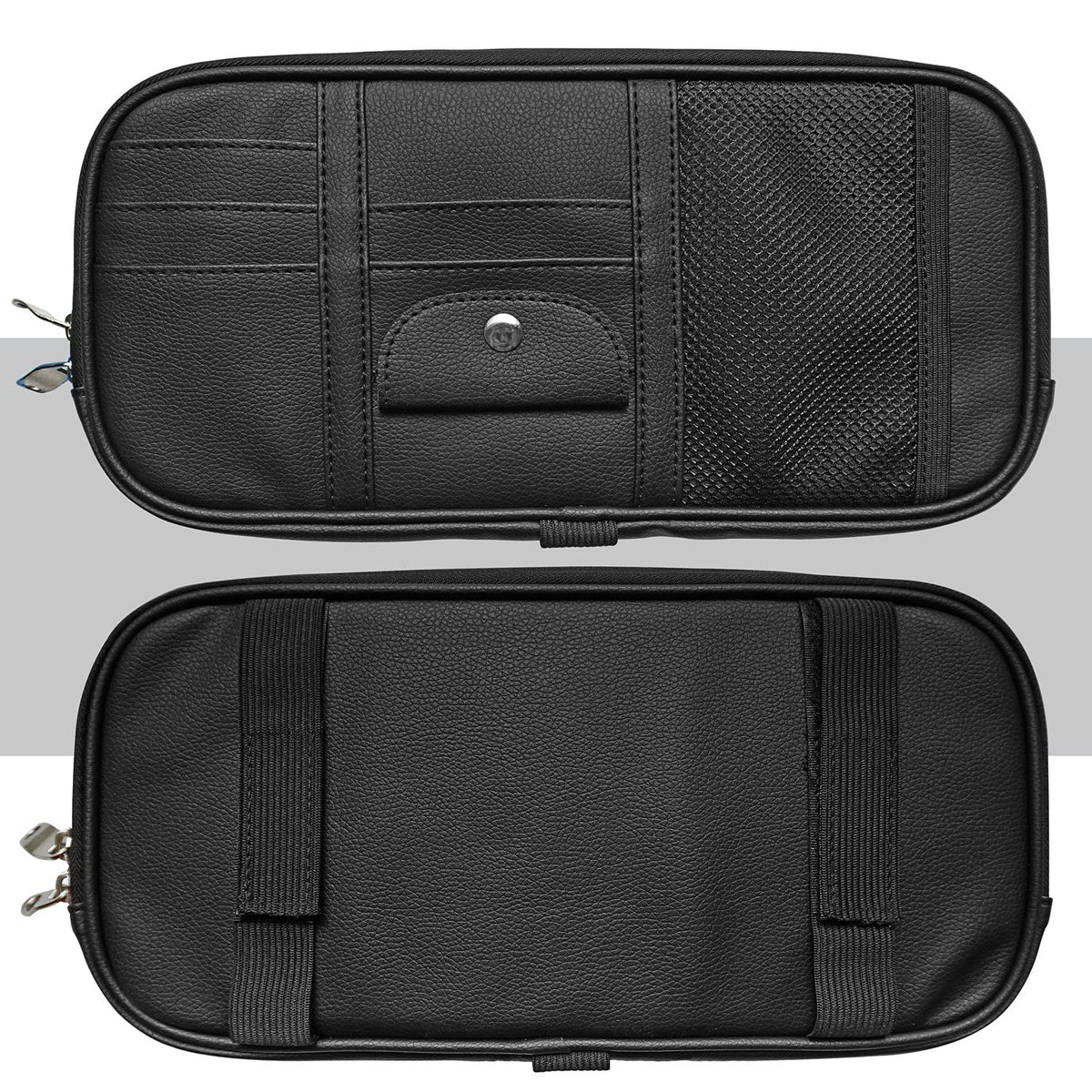 Da by Car Sun Visor Organizer, Multi-Pocket Visor Organizer Storage Pouch for Cars, SUVs & Trucks with Double Zippers, Elastic Bands & Glasses Clip - Organizes Essentials Keep Tidy (Black)