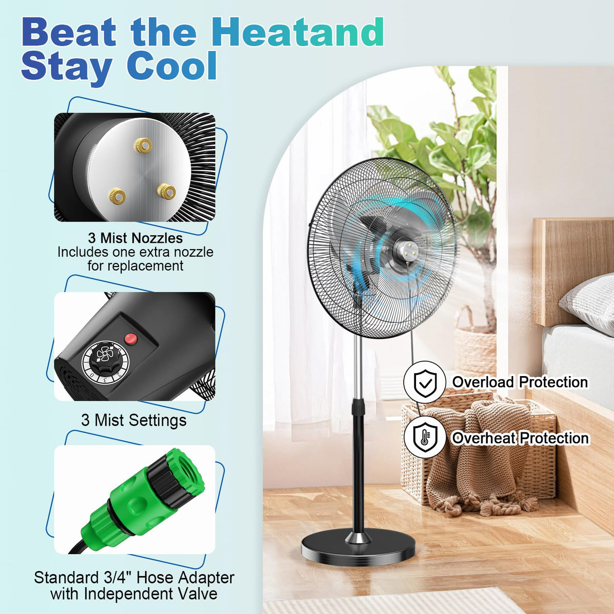 Baotree 22" Oscillating High-Velocity Outdoor Pedestal Misting Fan, 3-Speed Waterproof Outdoor Fan, Heavy Duty Industrial Floor Fans for House,Patios, Commercial, Garage, Warehouse