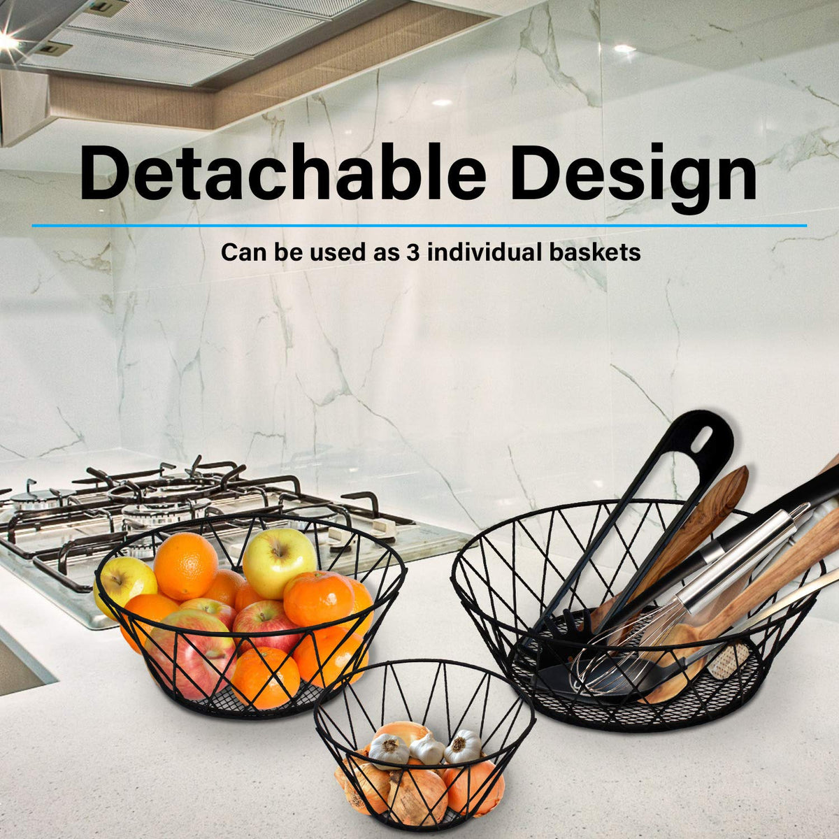 Heavy Duty - 3 Tier Hanging Kitchen Black Fruit Basket