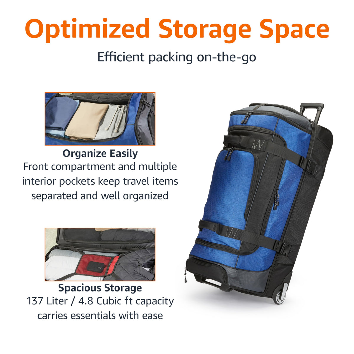 Amazon Basics 35-Inch Large Rolling Duffel Bag for Travel with Wheels and Handle, Durable Ripstop Polyester, 2 Layers of Space, Multiple Interior and Exterior Pockets, Blue