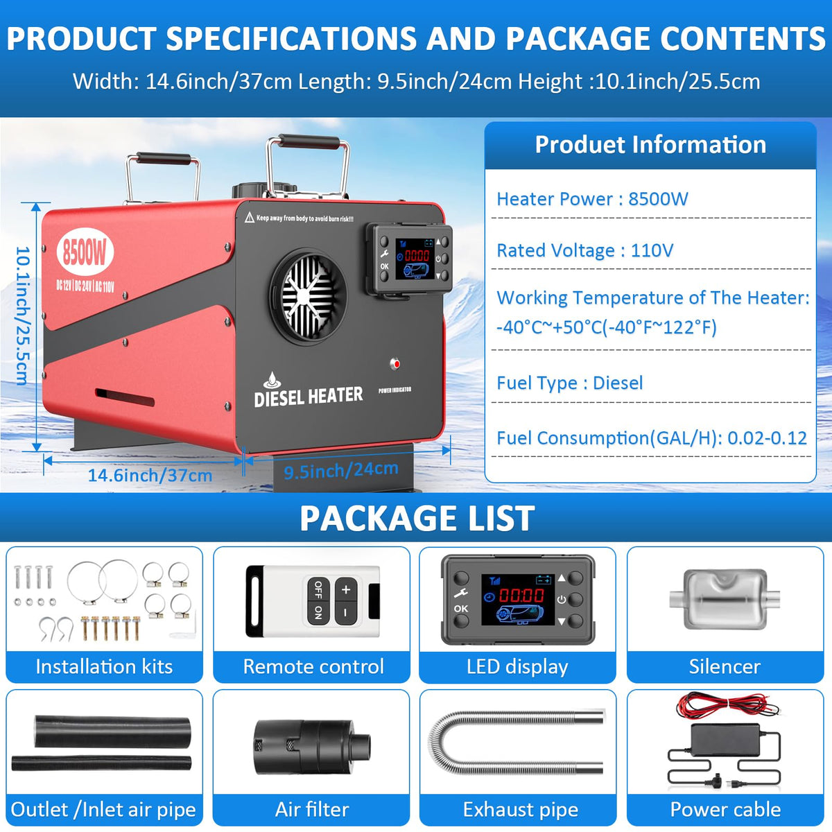 8500W Diesel Heater, 110V/24V/12V Ultra Parking Heater with Remote Control and LCD Display, 2025 Upgraded All-in-One Instant Heat Low Noise for RV Truck Boat Bus Home Shop (110V/24V/12V Heater)