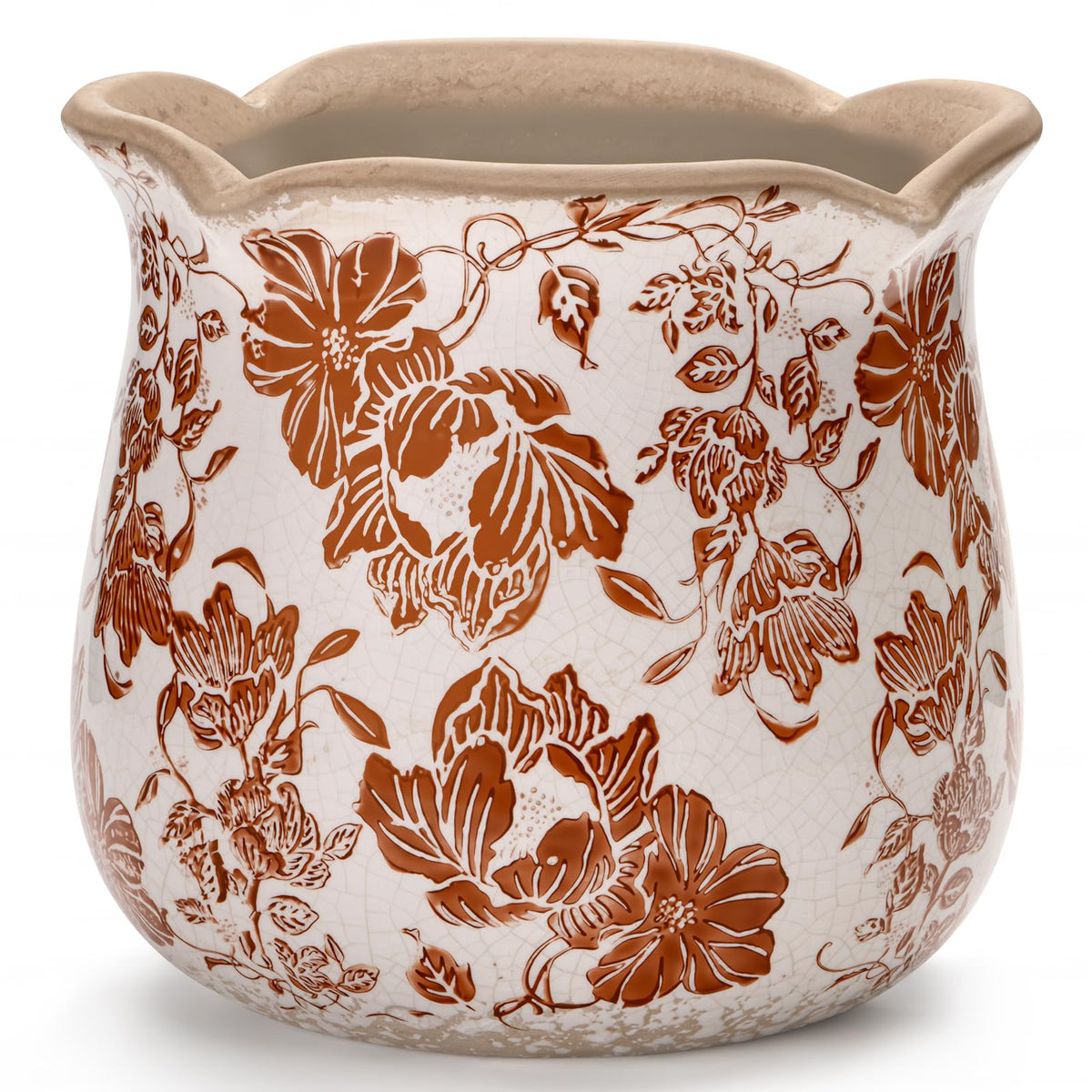 behen bahen Vintage Ceramic Planter Pot with Drainage Holes, Green Floral Design, 6.11 Inch, Distressed Tuscan Style, Indoor Plant Pot and Vase (Red Flower)