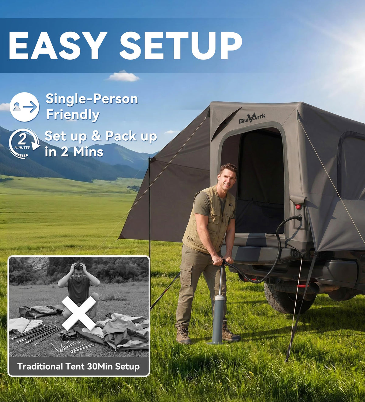 BravArrk Inflatable Truck Bed Tent with Detachable Zippered Awning, Pickup Truck Tent for 5.5ft-8ft Bed, 2 Mins Fast Setup Blow Up Tent for Truck, PU3000 Waterproof Truck Tent for Camping