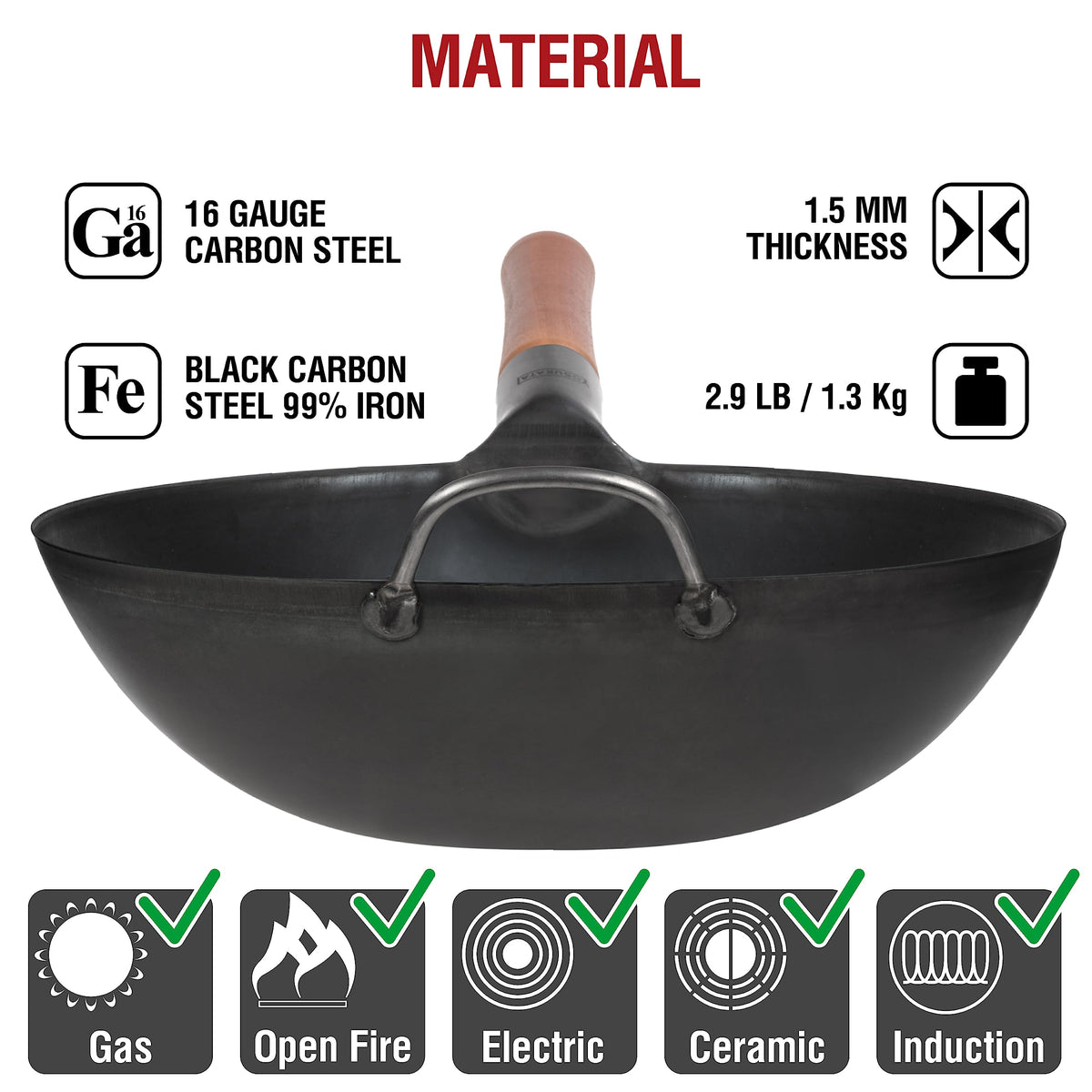YOSUKATA Carbon Steel Wok Pan11.8 in + 17" Wok Spatula and Ladle and Turner + Reusable Natural Wooden Long Cooking Chopsticks Set of 3 pairs