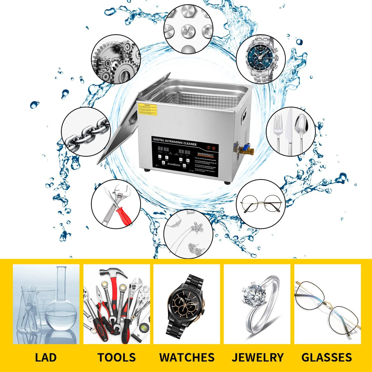 ACMESONIC Ultrasonic Cleaning Machine 15L Digital Ultrasonic Parts Cleaner with Timer 40kHz SUS 304 Stainless Steel Lab Sonic Cleaner for Professional Tools,Metal Parts,Jewelry,Eyeglasses
