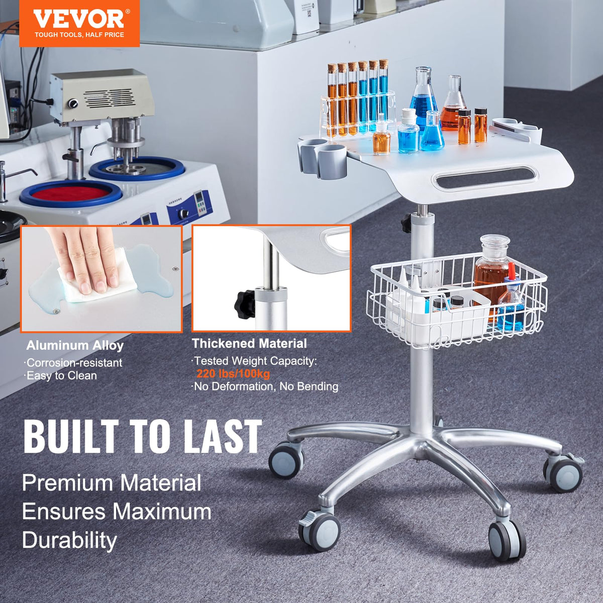 VEVOR Medical Trolley with Wheels - Height Adjustable Gas Lift, Large Tabletop 19"×17", Stainless Steel Rolling Laptop Cart with Storage Basket,Mobile Metal Scanner Cart for Ultrasound/Dental/EKG/Lab
