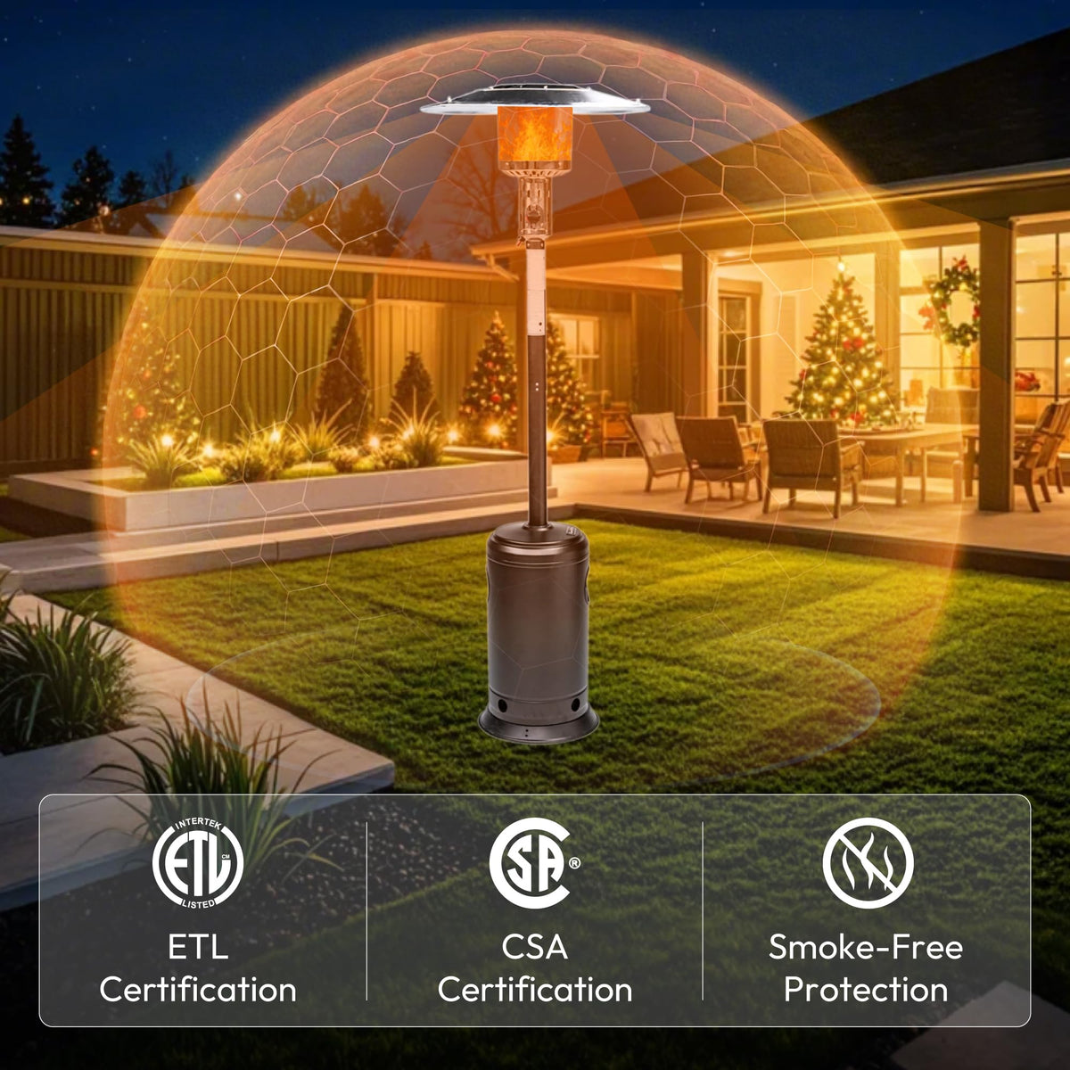 HEXAGO Outdoor Propane Patio Heater, 47,000 BTU Stainless Steel Standing Heater with Wheels, One-Touch Ignition & Adjustable Heat Control, Safety Auto Shut-Off System for Garden, Backyard & Restaurant