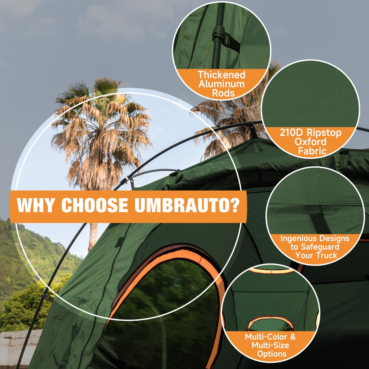 Umbrauto Truck Bed Tent Fits 6.5ft Truck Bed, Easy Setup for Camping, 3000mm Waterproof Pickup Truck Tent for 2 Person, Ford, GMC, Toyota, Chevy, Dodge, Nissan, Green & Orange