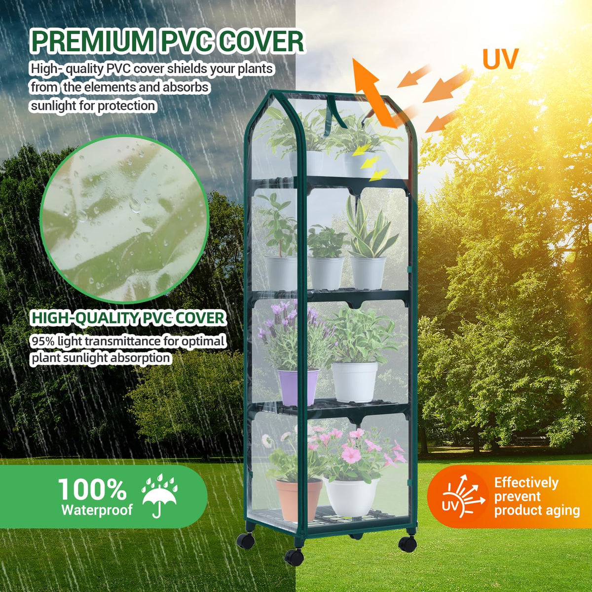Ohuhu Mini Greenhouse for Indoor Outdoor, Small Plastic Plant Green House with Locking Wheels Portable Greenhouses with Durable Cover for Seedling, Ideal Gardening Gifts for Women Men Transparent